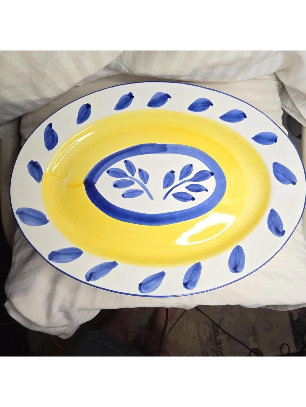 Tabletops Unlimited Oval Autumn Blue Platter 14" Yellow,Blue Leaves & Trim